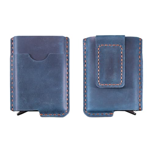 Personalized Leather Money Clip Wallet for Men - Magnetic Pop-Up Card Holder, Full-Grain Genuine Leather, RFID Blocking, Minimalist Front Pocket Wallet, Gift for Him, Dad & Groomsmen - Blue - color: Blue