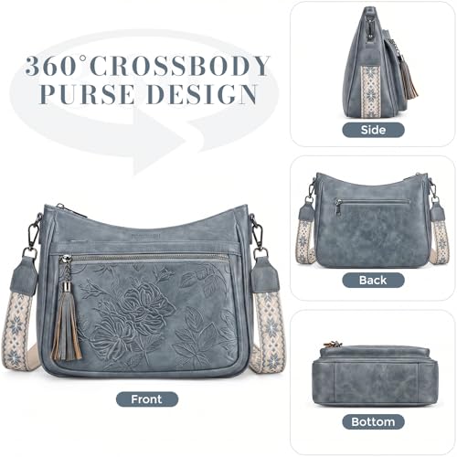 Crossbody Bags for Women, Medium Vegan Leather Purses | Large Capacity Multi-Pocket Embossed Shoulder Bag with Boho Strap for Daily Travel - color: Blue