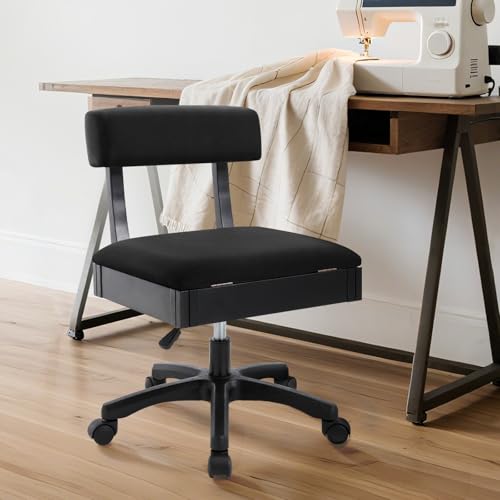 Lessmore Adjustable Height Sewing and Crafting Chair with Wheels, Back Support, and Under Seat Storage - Perfect for Your Craft Room Furniture and Craft Machines (Solid-Black) - color: Solid-Black