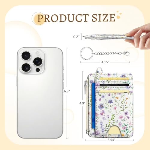 Kelvoris Credit Card Holder Small Wallet Women, Slim RFID, Flowers | Keychain, Zipper Coin Pocket, Front Pocket Thin Travel Card Case, Minimalist, 6 Card Slots, 1 ID Window, Ladies Gifts Woman - color: Purple Flower