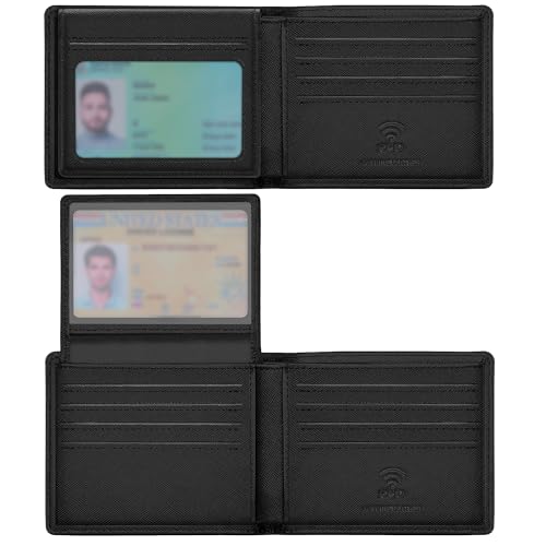 Travelambo Genuine Leather Wallet for Men with Gift Box - Handmade Bifold Stylish - Mens Wallets Rfid Blocking with 2 ID Windows - color: Cross Texture Black