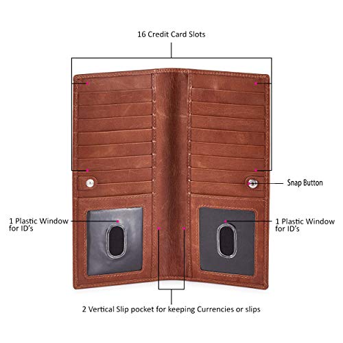 Long Wallet for Men Women Leather Slim Bifold RFID Blocking Card Holder | Real Top Grain Leather, Stylish 18 Credit Card Slots, 2 ID Windows, 2 Currency Sleeves, Gift Box, (Cognac, Wax Pull Up) - color: Cognac Wax Pull Up