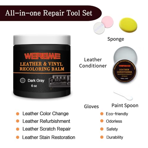 Leather Recoloring Balm & Mink Oil Leather Conditioner, Dark Gray | Restores faded leather, waterproof, scratch repair for couches, car seats, shoes & bags, Complete kit with mink oil & tools - color: Dark Gray