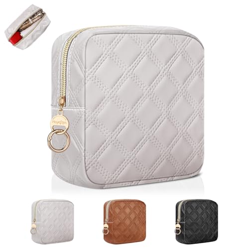 4.9" Small Makeup Bag, Quilted PU Leather Mini Cosmetic Bag for Purse, Portable Small Travel Makeup Pouch for Daily Use, Birthday/Wedding/Christmas Gifts (Quilted Checkered, Gray) - color: Quilted Checkered Gray-4.9 inch