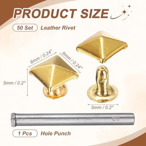 HARFINGTON 50pcs Pyramid Rapid Rivet 6mm Leather Rivets Rapid Punk Spikes Leathercraft Decoration with Hole Punch for Rock Nailheads Clothing Belts Bags Shoes, Gold - color: Gold, size: 6mm