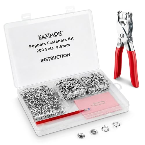 KAXIMON Snap Fasteners Kit 200 Sets, 3/8 inch Clothing Snaps with Tool | No Sew Metal Snap Buttons with Pliers, Stainless Steel Snaps Kit for Soft Sewing Fabric Clothing (Thick up to 1/16 inch)
