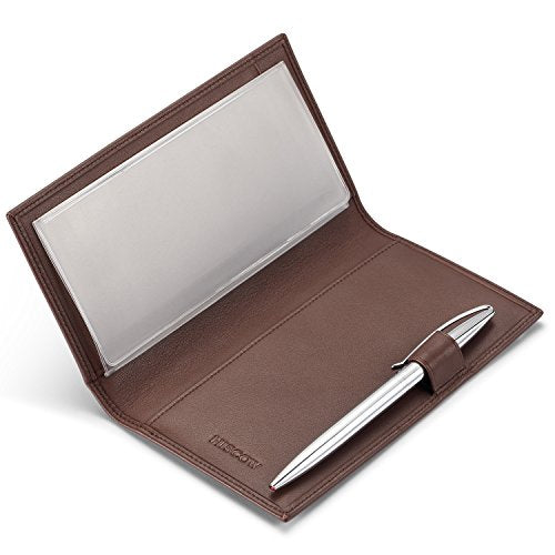 HISCOW Leather Checkbook Cover for Duplicate Checks with Pen Holder - color: Brown