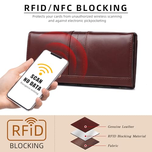 RFID Blocking Wallets for Women Leather Long Ladies Wallet Bifold Womens Wallet with Coin Pocket ID Window,Coffee - color: Coffee