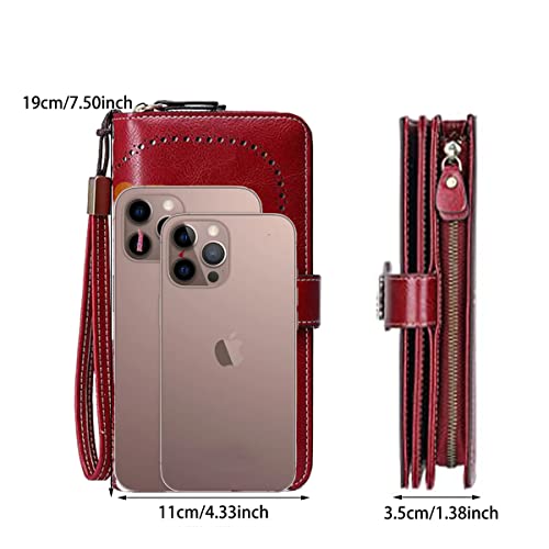 Women Leather Wallet Crossbody Shoulder Bag with Double Zipper and Mobile Phone Purse with Shoulder Strap - color: 660-red