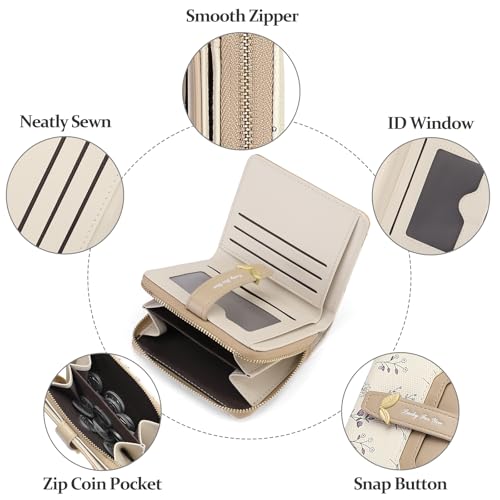 GAEKEAO Small Wallets Woman RFID Blocking Vegan Leather Bifold Floral Ladies Purse Card Holder with Zipper Pocket ID Window - color: Z-Khaki