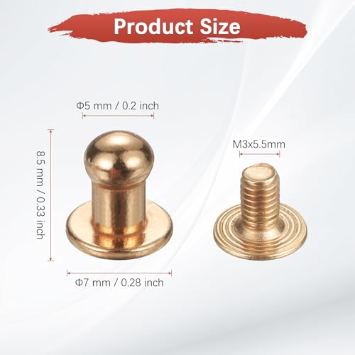 TIXIPEM 5mm Ball Head Stud Rivets Screw Back [20Pcs] - Metal Round Head Button Nipple Rivet Use for Bag & Belt & Handbag & Leather Craft & DIY Decoration - [Gold] - color: Gold, size: 5mm
