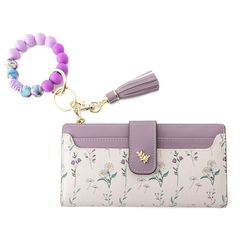 Womens Wallet RFID Blocking Slim Thin Floral Pattern | Card Holder Bifold with Coin Zipper Pocket Long Ladies Wallets for Girls Purple - color: Purple