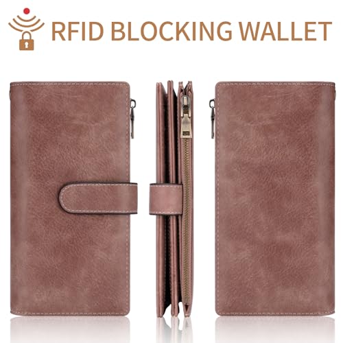 XINNSTAR Womens Wallet RFID Blocking Large Capacity Credit Card Holder Long Purses for Women with Wristlet Pocket ID Window - color: Light Brown