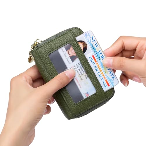 imeetu Rfid Credit Card Holder, Businese Card Case, Wallet for Women Men | Genuine Leather Card Wallet with id Window, Keychain & Double Zipper, Water-resistan Small Wallet with Gift Box, Daily Travel - color: Max - Olive Green