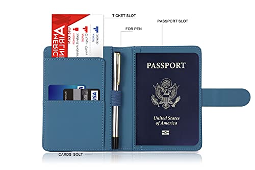 Melsbrinna Premium Leather Passport Holder Covers Case, Waterproof Rfid Blocking Travel Wallet Passport Holder with Pen Holder, Cute Passport Book for Women/Men - color: AF-Denim blue
