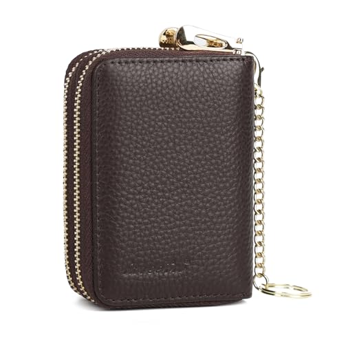 imeetu Rfid Credit Card Holder, Businese Card Case, Wallet for Women Men | Genuine Leather Card Wallet with id Window, Keychain & Double Zipper, Water-resistan Small Wallet with Gift Box, Daily Travel - color: Max - Coffee