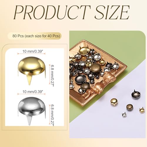 HARFINGTON 80pcs Round Dome Rivets 10mm Copper 4 Claw Rivet Metal Spike Studs Spots Punk Rock for Leather Craft Clothes Belt Bag Shoes Bracelet Accessories, Silver/Gold - color: Silver/Gold, size: 10mm