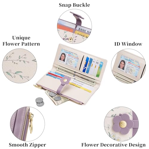 GAEKEAO Womens Wallet Slim Thin RFID Blocking Bifold Floral Vegan Leather Card Holder Large Capacity Wallet with Zipper Pocket - color: Y-Purple