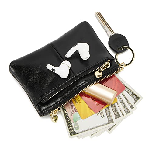 Women PU Leather Zip Mini Coin Purse With Key Ring Triple Zipper Card Holder Wallet(Black) - color: Black