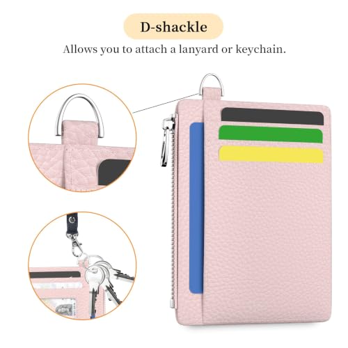 Hancynir Minimalist Slim Wallet Women Credit Card Holder, RFID Small Cute | Zipper Pocket Wallet, Thin Travel Coin Purse, Ladies Women Gifts, Key Chain Card Case, 6 Card Slots, ID Window, PU Leather - color: 01-Lichee PNK