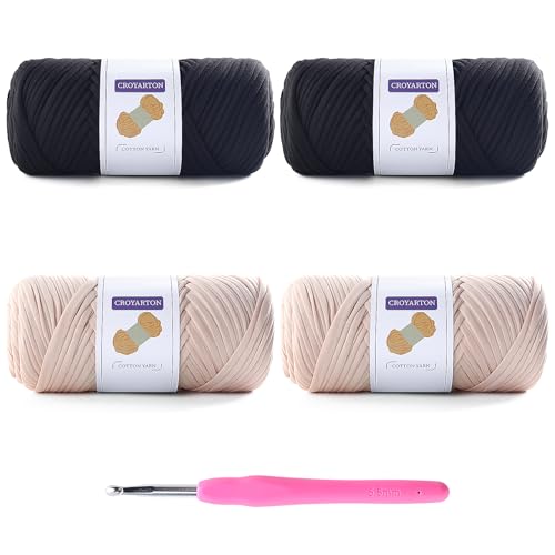 4 Pack Tshirt Yarn for Crocheting, Elastic T Shirt Spaghetti Thick Knitting Yarn Total Length 260 Yds for Crochet Bag Baskets Home Decor with 1 Crochet Hook (4-Black+Beige) - color: 4-Black+Beige