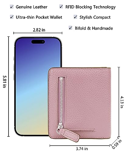 Small Leather Wallet for Women, Ladies Credit Card Holder RFID Blocking Women's Mini Bifold Pocket Purse - color: Light Pink Rfid Blocking