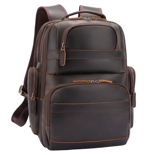 TIDING Men's Leather Backpack 14" & 15.6" Laptop Business Travel Daypack | Thick Sponge Padded Laptop & Tablet Sleeves, Water Bottle Holder, Luggage Strap, Anti-theft Pocket, Large Capacity - color: Dark Brown(fits 14" Laptop)