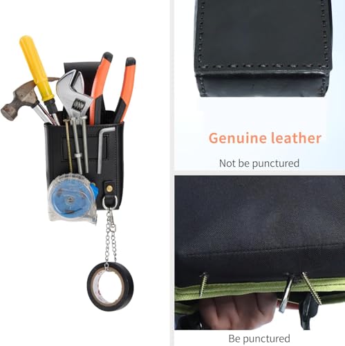 Small Tool Pouch, Genuine Leather Electrician Tool Pouch | 7 Pockets with Metal Tape Chain, Reinforced Rivets, Convenient & Quick Tool Access - color: black-c
