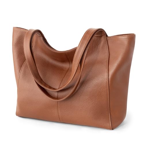 befen Soft Genuine Leather Tote Bag for Women Work with Zipper Slouchy Bags | Real Leather, Slouchy Shoulder Bag, Cup Holder, Travel Purse, Handbag for Daily & Travel, Zipper Tote Bag - color: Cognac Brown