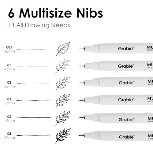 Grabie Micro Fineliner Pens, 6 Black Waterproof Drawing Pens | Waterproof Pigment Ink, 6 Assorted Tip Sizes, Precision Fine Lines, Metal-Clad Nibs, Smooth Ink Flow, Smudge Resistant - color: 6-Black