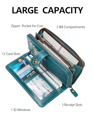 TFKGS Wallet for Women RFID Blocking Leather Large Capacity Card Holder Ladies Phone Clutch Travel Long Purse Wristlet | RFID Blocking - color: 2-Upgrade-Wax-Dark Blue