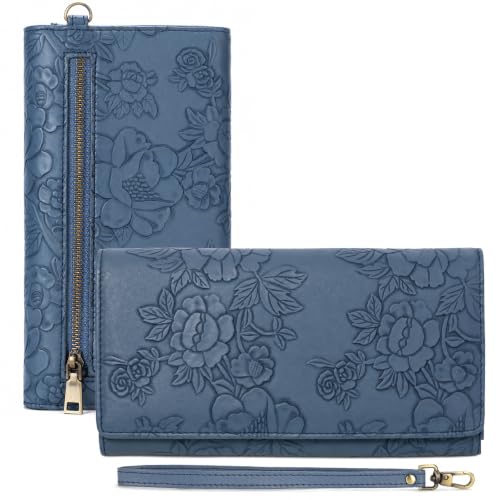GAEKEAO Wallets for Women Vegan Leather RFID Blocking Card Holder Trifold Ladies Long Purse Wristlet Clutch with 3 ID Windows - color: Navy Blue