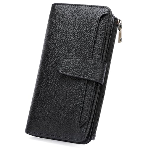 GAEKEAO Women Wallet RFID Blocking Leather Bifold Compact Card Holder Ladies Travel Wallet Purse, Large Capacity Wristlet - color: Z-black