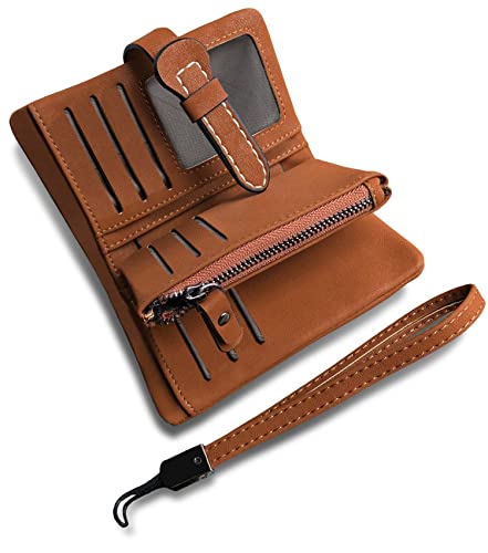 AOXONEL Women's Small Bifold Leather wallet Rfid blocking Ladies Wristlet with Card holder id window Coin Purse - color: Brown3