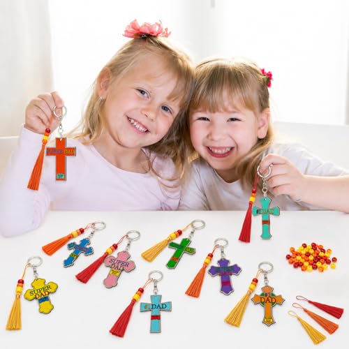 Cinrobiye 24 Set Religious Father’s Day Craft Kits, DIY Wooden Keychain Making Set with Paint Pens, Beads & Tassels, Bulk Christian Craft Activity Kit for Sunday School, Church VBS & Party Favors - style: Dad 2