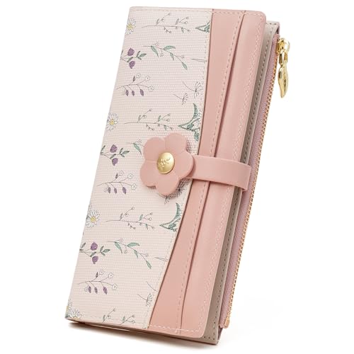 GAEKEAO Womens Wallet Slim Thin RFID Blocking Bifold Floral Vegan Leather Card Holder Large Capacity Wallet with Zipper Pocket - color: Y-Pink