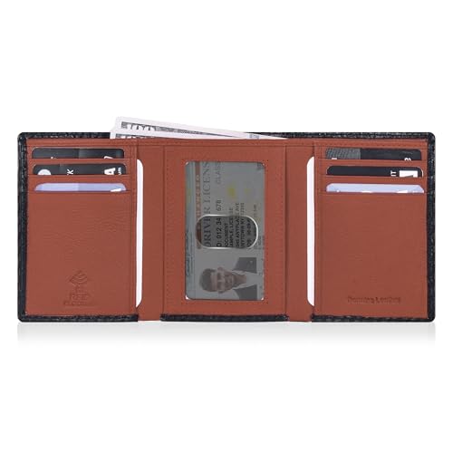 Trifold Leather Wallet for Men - RFID Slim Minimalist Front Pocket 6 Slots - color: Black Carbon/Cognac