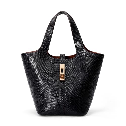 Tote Bag for Women Top Handle Handbag Satchel Bag for Women Vegan Leather Lock Design Bucket Purse for Work Evening - color: A