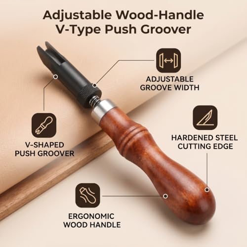 Leather Groover Tool V Type Adjustable Push Groover Wood Handle Edge Beveling Stitching Grooves for Leathercraft