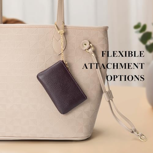 Full Grain Leather Coin Purse with Key Chain - Small Change Purse Keychain Card Holder Keychain Pouch Small Keychain Wallet for Women and Men (Eggplant Purple) - color: Eggplant Purple, Regular Size