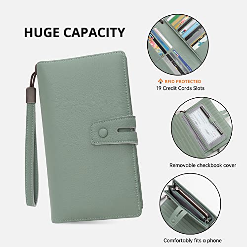 Bveyzi Women's Big Fat Rfid Leather Wristlet Wallet Organizer Large Phone Checkbook Holder with Zipper Pocket (Mint Green) - color: Mint Green