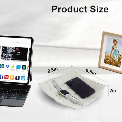 MSJGA Valet Tray for Men and Women PU Leather Key Holder Bowl for Entryway Table Bedside Nightstand Desk Catchall Organizer Tray for Wallet, Watch, Key, Phone Men's Gift - 9.8" L x 9.8" W x 2" H - color: White