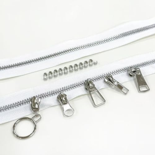 #5 Heavy Duty Metal Zipper 5 Pieces 1 Yard Long Each(White/Silver Teeth) | 10 sliders, 20 top stops, pre-cut 1 yard each, for bags, pillows, jackets, DIY crafts, home decor - color: White/Silver Teeth
