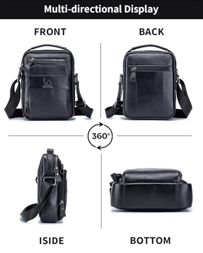 Leather Crossbody Bag for Men with Double Compartments | Genuine cowhide,two roomy sections,adjustable strap,zip closure,ideal for work,commuting,travel and gifts - color: Black
