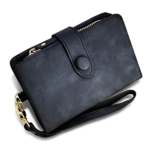 AOXONEL Women's Small Bifold Leather wallet Rfid blocking Ladies Wristlet with Card holder id window Coin Purse - color: Black