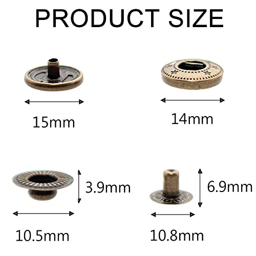 BetterJonny 24 Sets Heavy Duty Leather Snap Fasteners Kit, 15mm Metal Snap Buttons Press Studs Leather Rivets Snaps with 4 Setter Tools for Clothes Bracelet Jackets Jeans Antique Brass - color: Antique Brass, size: 15mm