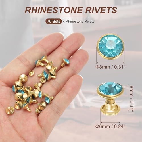 PATIKIL 8mm Leather Rivets, 70 Sets Rhinestone Rivet Studs Double Cap Spikes Rivet for Leather Crafting for Decor Repair DIY Clothing Belts Bags Shoes, Water Blue Gold Tone - color: Water Blue, size: 8mm