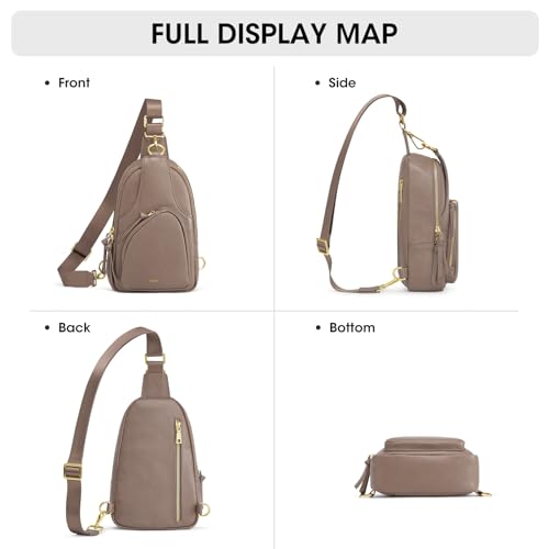 Kattee Sling Bag for Women, Leather Crossbody Bags for Travel, Khaki | Top grain pebbled cowhide leather fanny pack crossbody purse. Small chest bag with RFID blocking for travel. - color: Khaki
