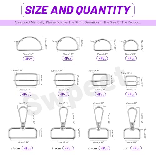 Swpeet 48Pcs 4 Sizes Silver Metal D Ring & Rectangle Adjuster Triglides Slides Buckle & D Ring Swivel Lobster Clasp Kit, Semi-Circular D Rings Roller Pin Buckles Swivel Snap Hook for Belt DIY Crafts - color: Silver
