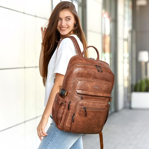 Leather Laptop Backpack for Women Fits 17" Laptop, with RFID Wristlet Purse - color: Brown